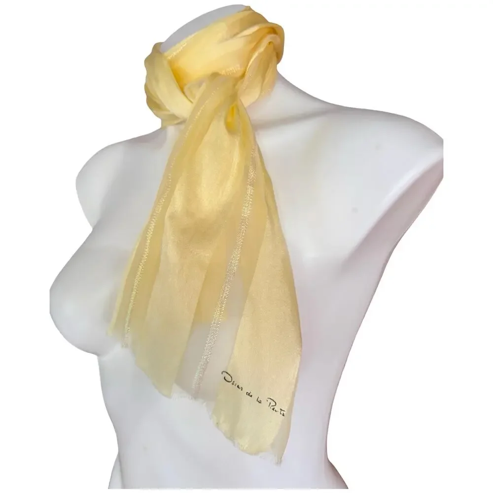 Vintage 70s Oscar de la Renta Silk Scarf Butter Yellow Lurex Stripe Japan 10X52